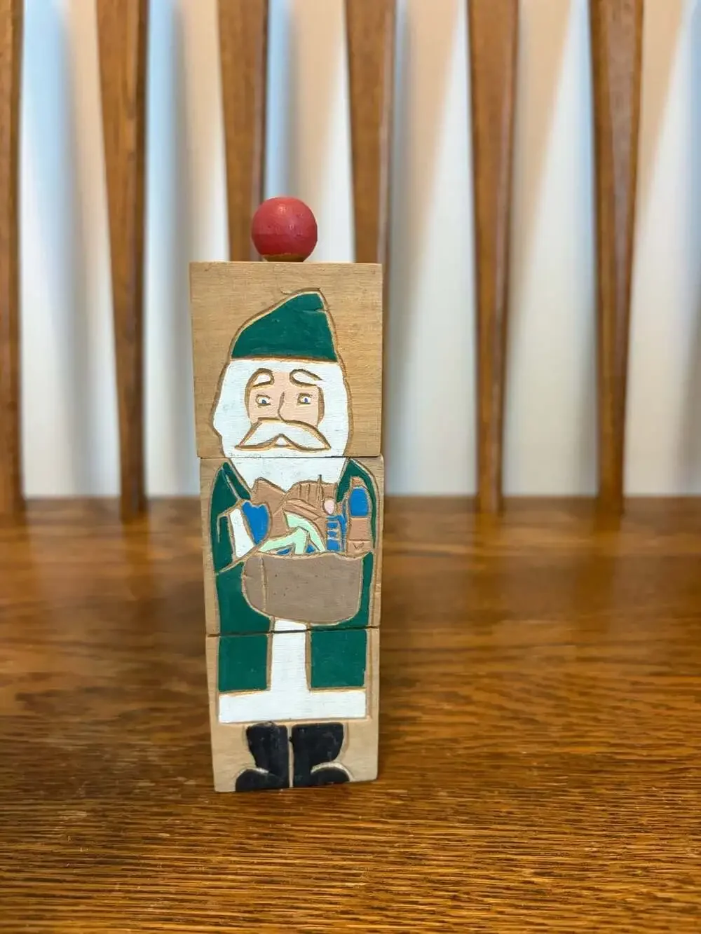 Vintage Hand Carved Santa Wood Block Puzzle Twist Christmas Decor